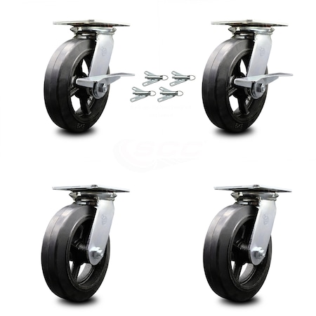 8 Inch Rubber On Steel Caster Set With Roller Bearing 4 Swivel Lock And 2 Brake